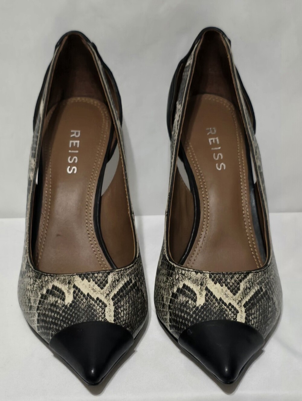 Reiss Snake-Print Pointed Toe Pumps in Black and Beige